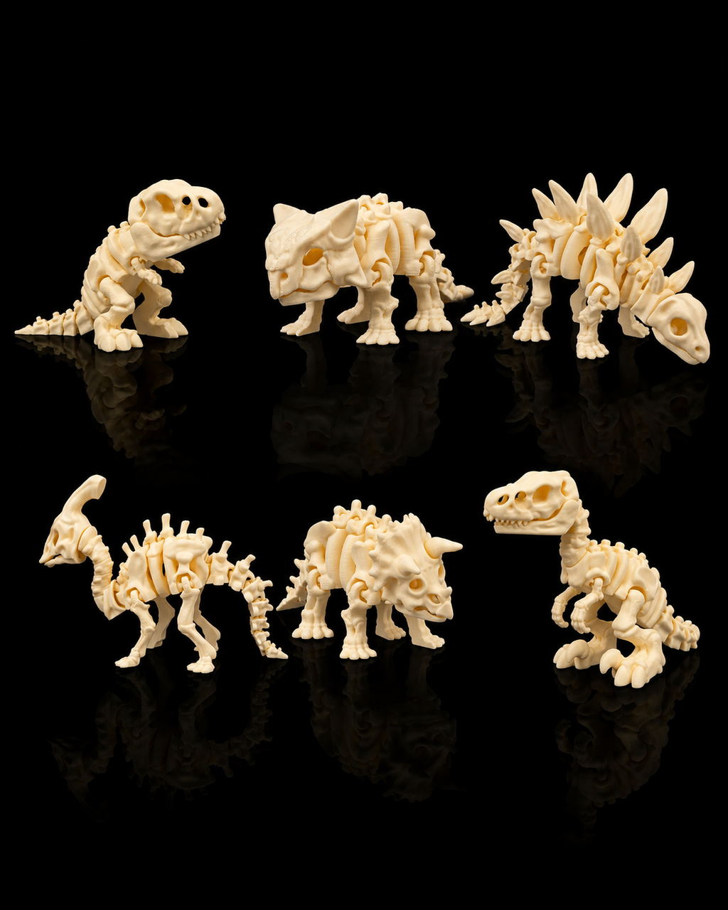 Set 6 Dinosauri Scheletro Articolati | Collezione Flessibile Stampata in 3D
