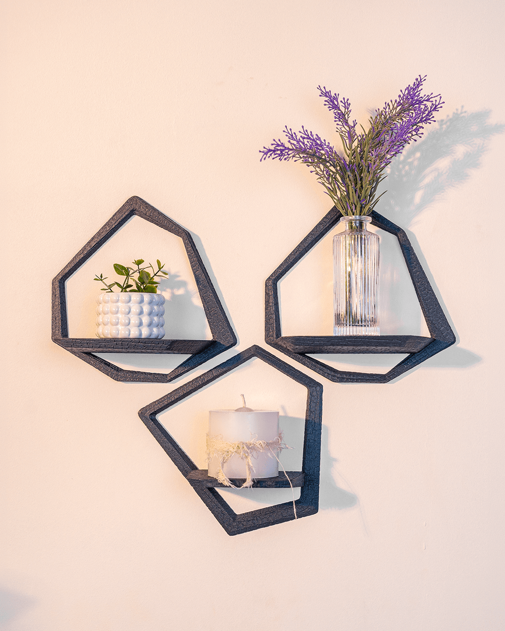 Set di 3 Mensole Esagonali da Parete – Design Moderno Stampato in 3D