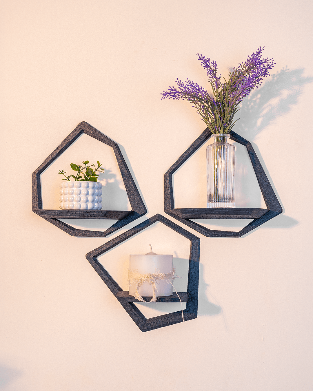 Set di 3 Mensole Esagonali da Parete – Design Moderno Stampato in 3D