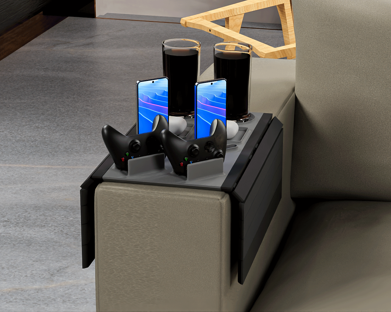 Organizzatore Doppio per Bracciolo del Divano Gaming – Porta Controller, Smartphone e Bicchieri | Stampato in 3