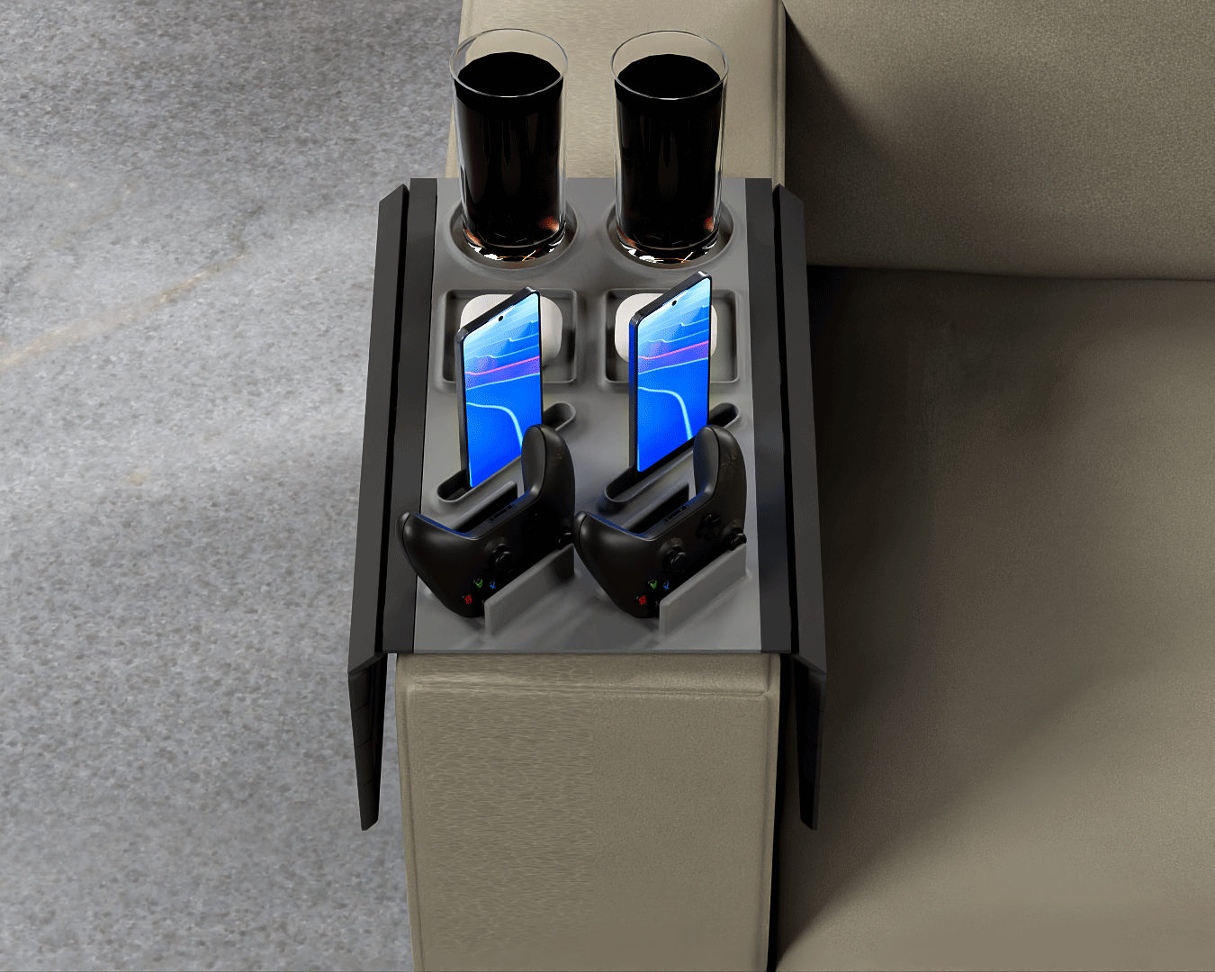 Organizzatore Doppio per Bracciolo del Divano Gaming – Porta Controller, Smartphone e Bicchieri | Stampato in 3