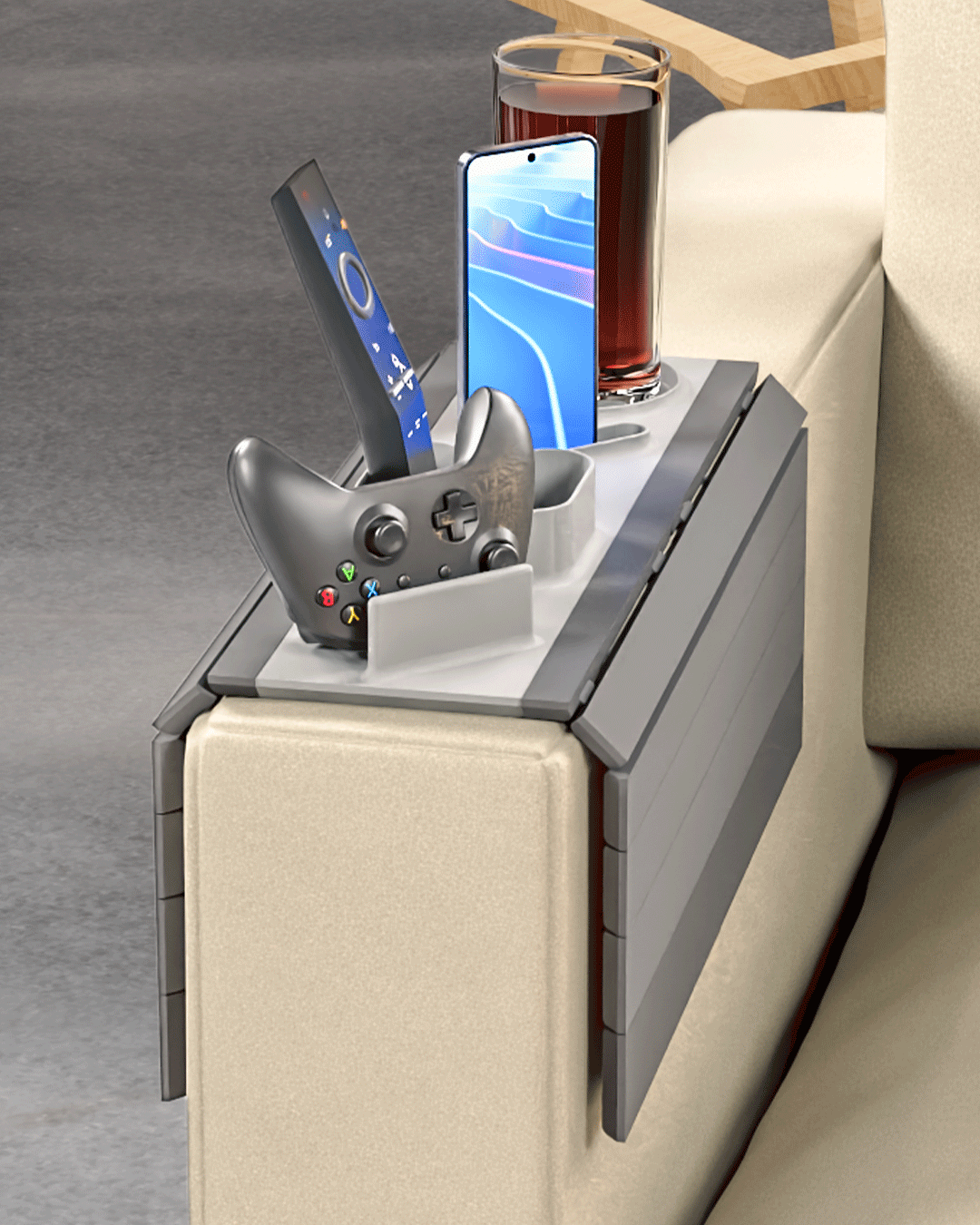 Organizzatore per Bracciolo del Divano Gaming con Porta Controller, Porta Smartphone e Porta Bicchiere – Stampato in 3D